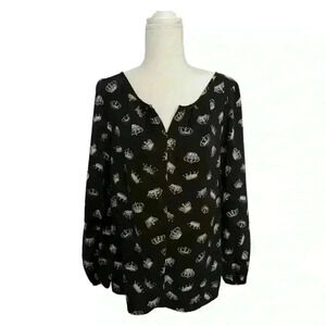 Thakoon Black Long Sleeve Tunic Blouse with Gray Crown Print Size S